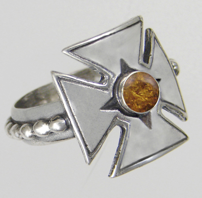Sterling Silver Woman's Iron Cross Ring With Amber Size 8